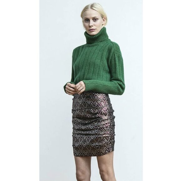 BIRGITTE HERSKIND Silver Metallic Brocade Ruched mini Skirt - Size US 6 NWT - Picture 2 of 10
